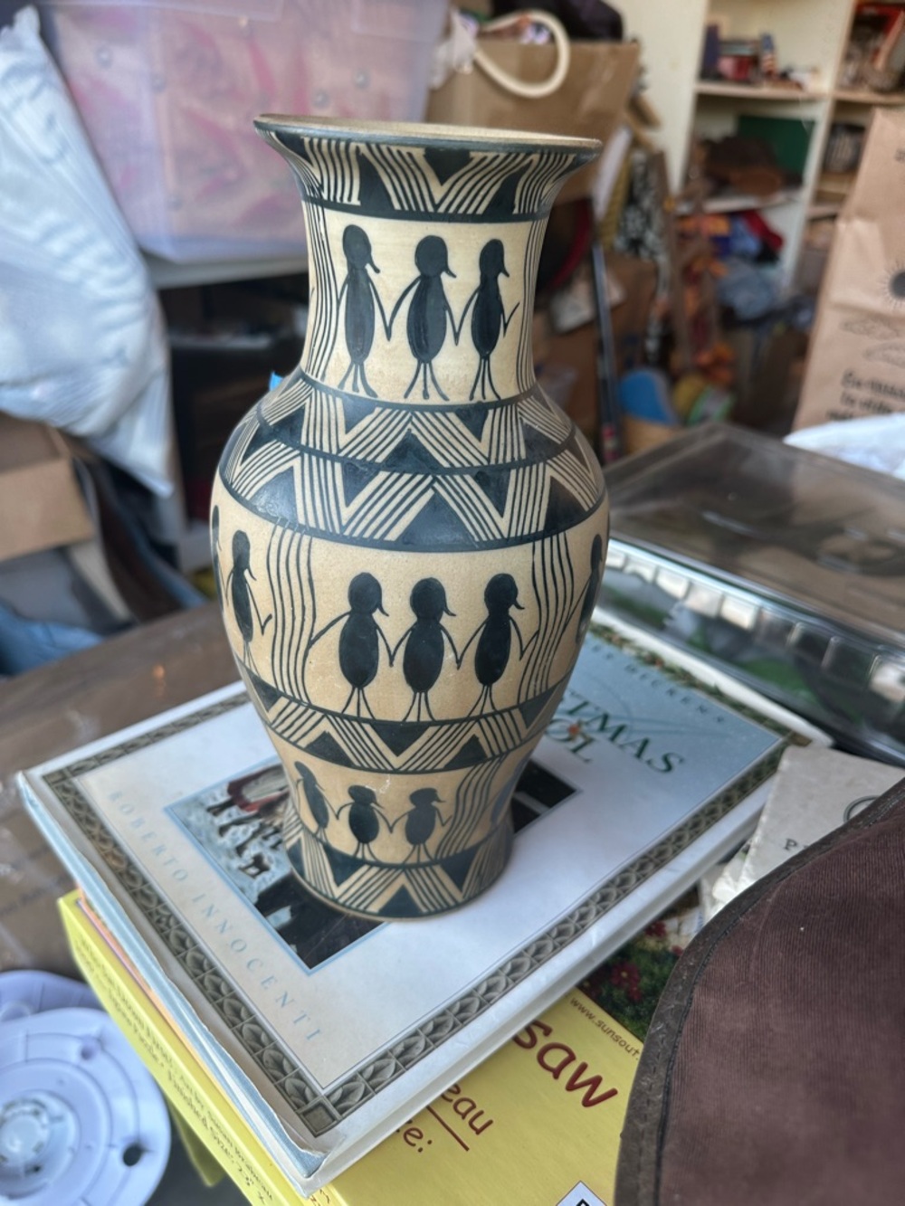 Handmade Cream and Black Tribal Ceramic Vase - Home Art